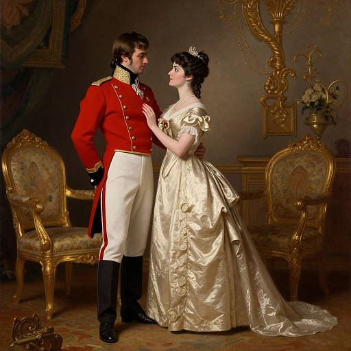 Regal couple in 18th-century style; he in red military coat, she in ivory satin gown, standing in opulent, gold-accent