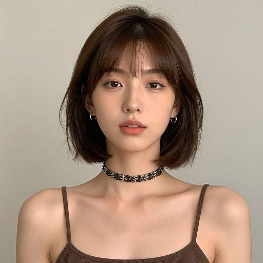 Photograph of an Asian woman with short, straight brown hair, wearing a brown tank top, black choker, and hoop earrings, against a plain