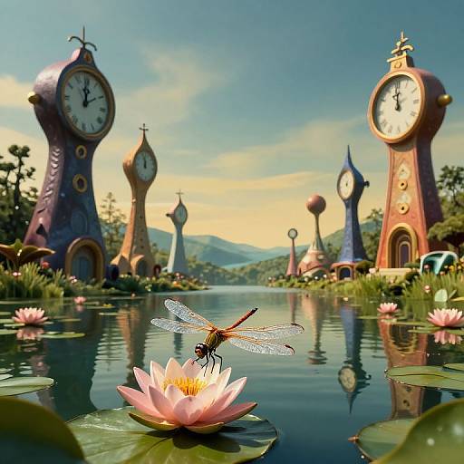 Whimsical digital art: A pink water lily with a dragonfly perched on it, surrounded by clock towers, a reflective pond, and
