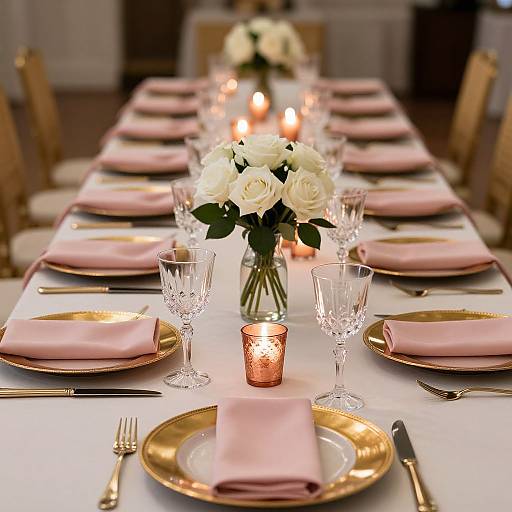 Elegant dining table setup: pink napkins, gold plates, crystal glasses, white roses, candle in copper holder, long table, warm candlelight