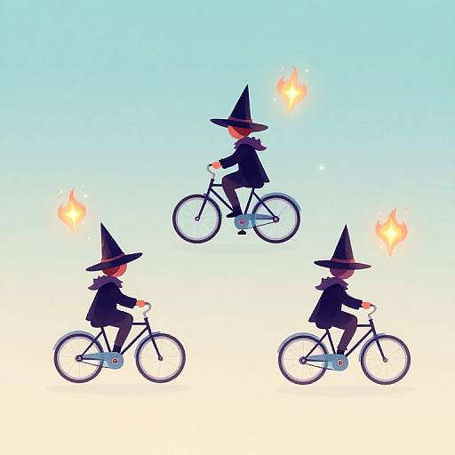 Digital illustration of three silhouetted witches in black hats and robes, riding bicycles with small flames above their heads, set against a gradient blue to