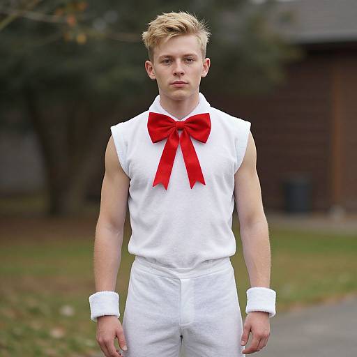 Photograph of a young, blonde, white male in a sleeveless white shirt with a large red bow, white pants, and white cuffs, standing