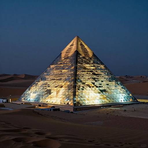 Photograph of the Pyramids of Giza at night, illuminated with warm yellow and blue lights, standing tall against a dark blue sky.