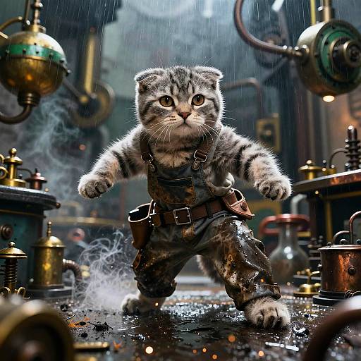Scottish Fold Kitten Mechanic in Steampunk Workshop