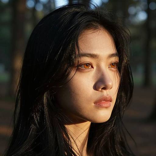 Photograph of an Asian woman with long black hair, illuminated by sunlight, showing her serene expression and natural beauty in a forest background.
