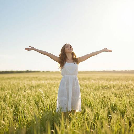 Photograph of a smiling young woman with wavy brown hair, wearing a white sleeveless dress, standing in a sunlit grassy field with arms