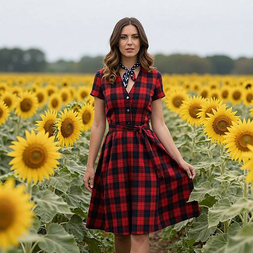 Photograph of a young woman with wavy brown hair, wearing a red and black plaid dress, standing in a vibrant sunflower field.