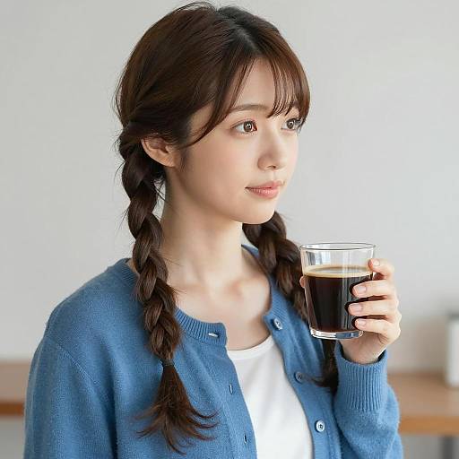 Japanese Woman with Brown Hair and Coffee