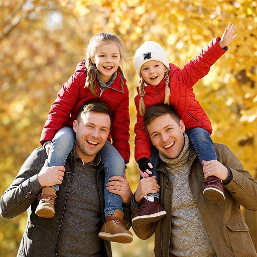 Photograph of two smiling, bearded men in fall clothes carrying two laughing children, one in red jacket, one in white hat, against a golden