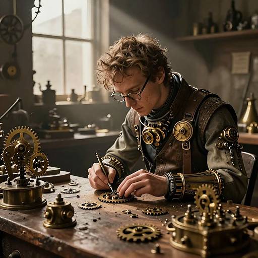 Steampunk Inventor in Cluttered Workshop