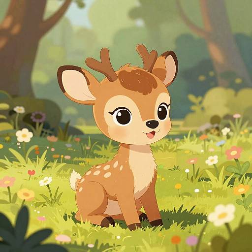 Cartoon Baby Deer in Meadow