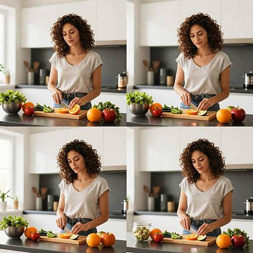 Photograph of a curly-haired woman in a white tee slicing oranges on a kitchen counter, with colorful fruits and greenery nearby.