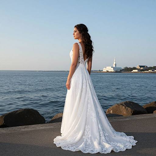 Photograph of a woman with long curly brown hair in a white lace wedding dress, standing on a rocky waterfront, looking out at a clear blue sky