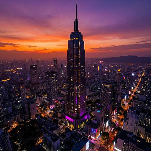 Photograph of a cityscape at sunset, featuring a towering black skyscraper with illuminated windows, vibrant purple and orange sky, and bustling urban streets below