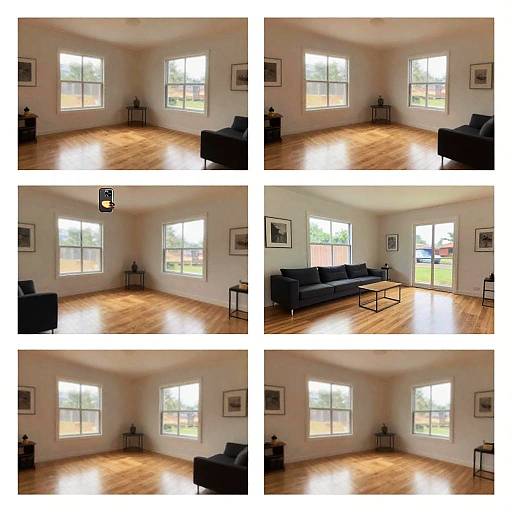 Photograph collage of a modern living room with hardwood floors, large windows, white walls, black armchairs, black sofa, and minimalist decor.