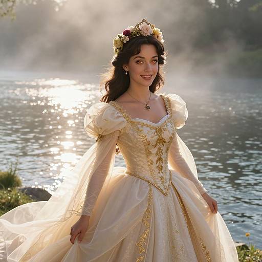 Photograph of a smiling woman with dark hair, wearing a white, gold-embroidered Renaissance-style dress, flower crown, standing by a sun