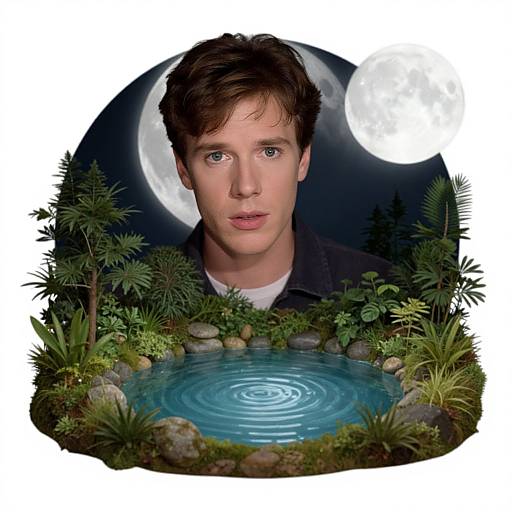 Photorealistic digital portrait of a young man with brown hair, blue eyes, and fair skin, set against a moonlit night sky, surrounded by