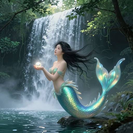 Digital artwork of a mermaid with long black hair, green-scale tail, and glowing orb, kneeling in front of a lush waterfall.