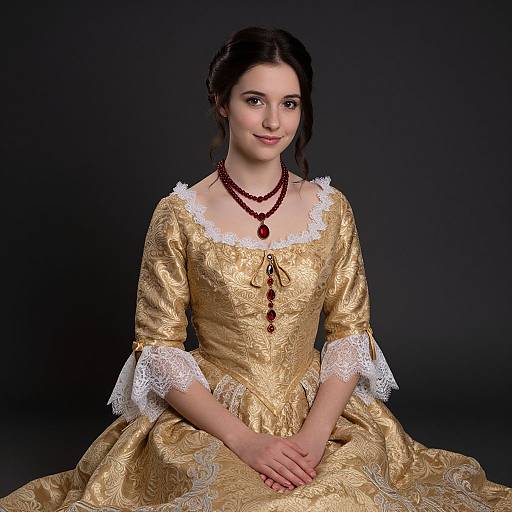 Photograph of a young woman with pale skin and dark hair, wearing a gold, lace-trimmed Victorian dress, red bead necklace, sitting against