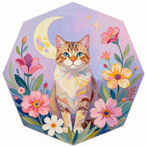 Decagon Naive Art Cat with Flowers