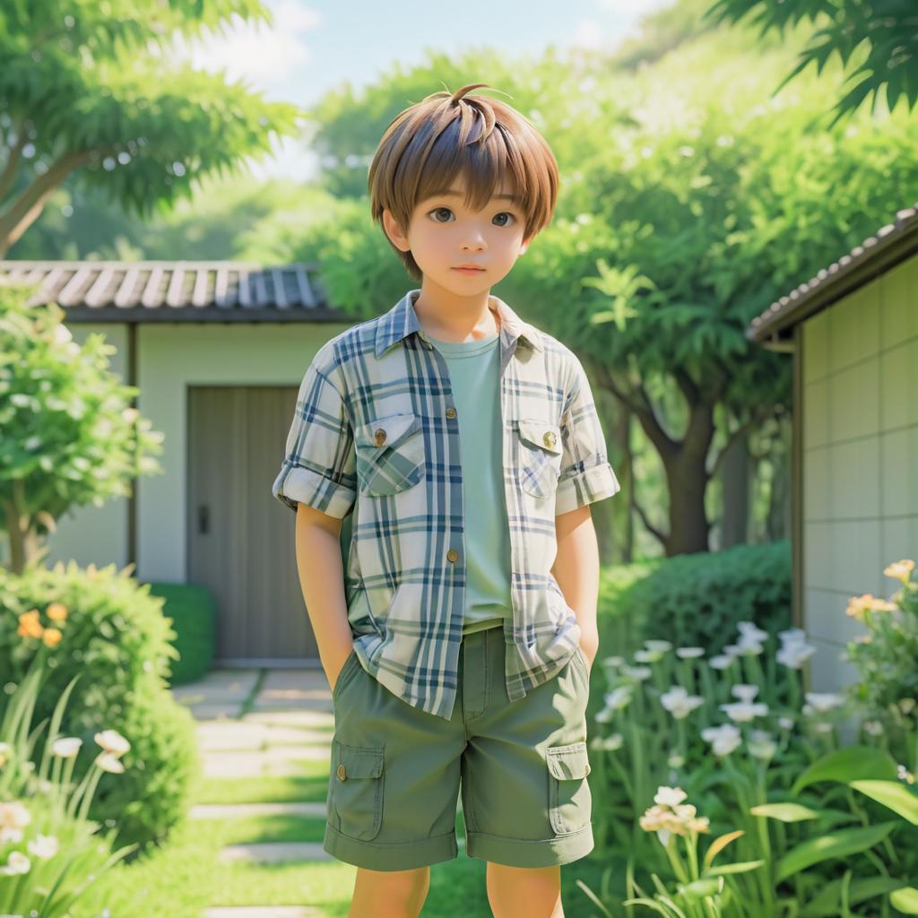 Timid Boy in a Peaceful Garden Scene