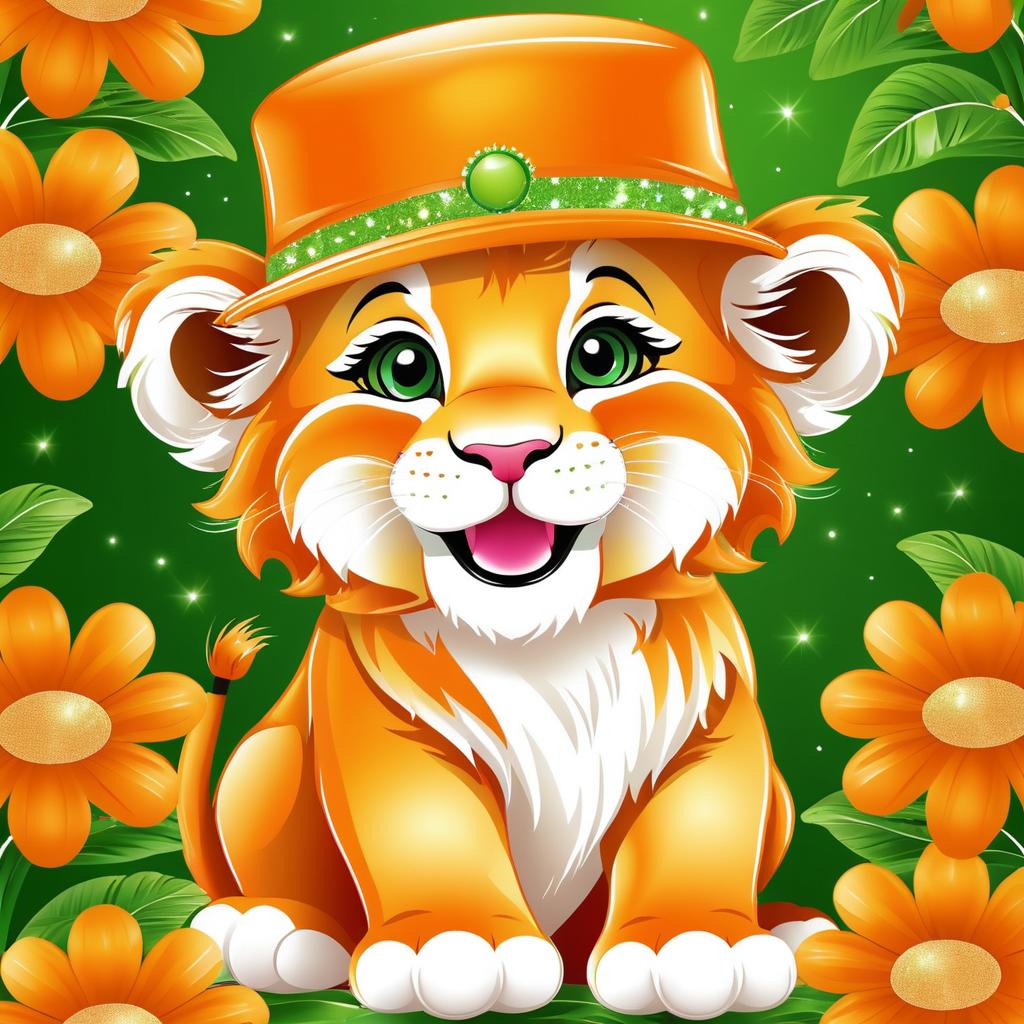 Cute Retro Baby Lion with Flowers