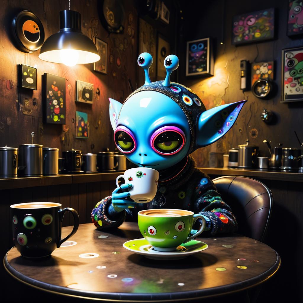 Whimsical Alien Enjoying Coffee in Café