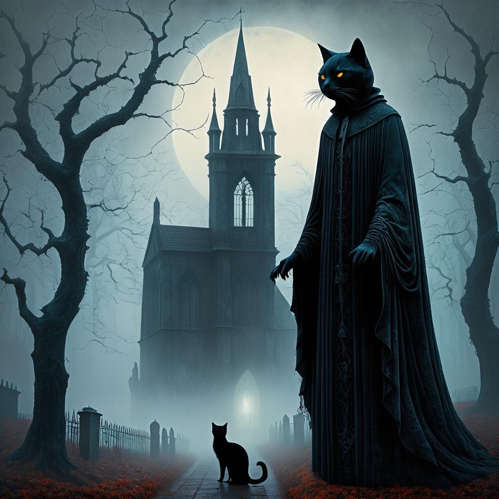 Gothic Phantom Cat in Foggy Graveyard