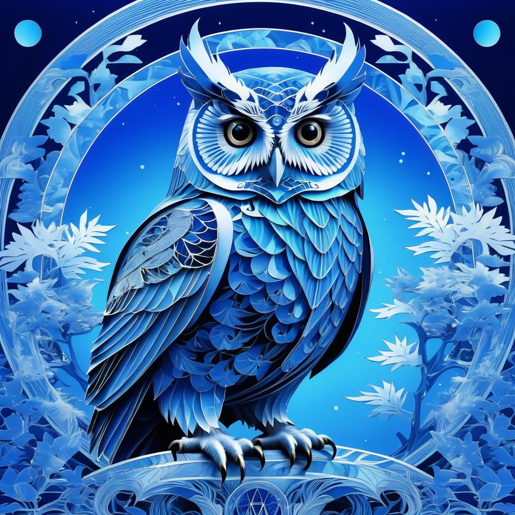 Hokusai-Inspired Owl on Blue Background