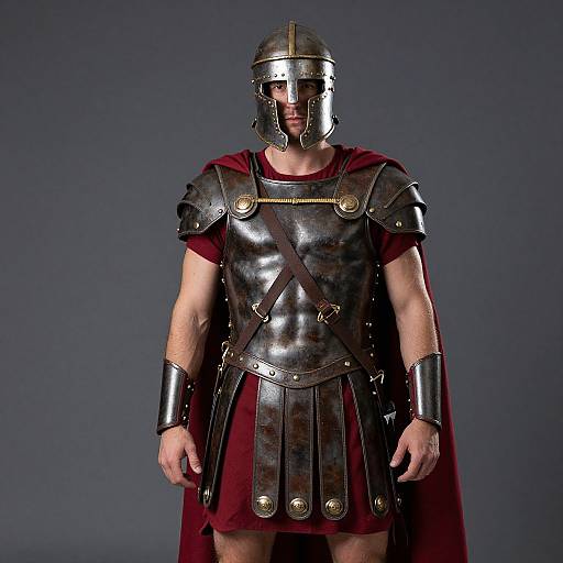 Photograph of a muscular man in ancient Roman armor, including a metal helmet, dark leather cuirass, red tunic, and red cape,