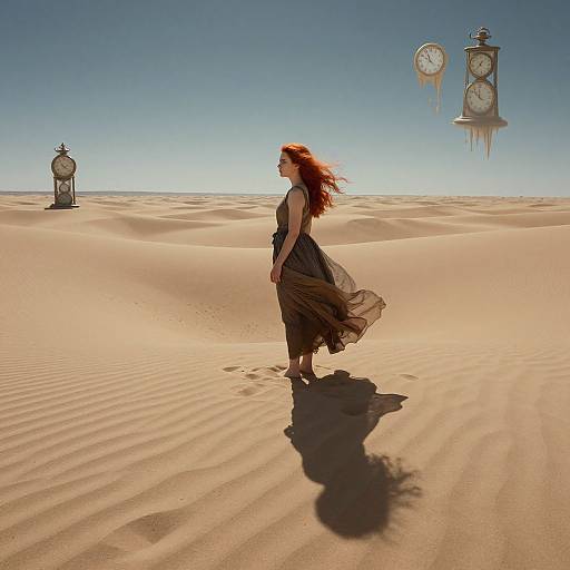 Photograph of a red-haired woman in a flowing black dress standing in a vast, sunlit desert with three antique clocks floating in the clear blue sky