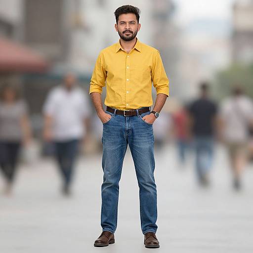 Photograph of a bearded man with short dark hair, wearing a bright yellow shirt, blue jeans, brown belt, and brown shoes, standing confidently
