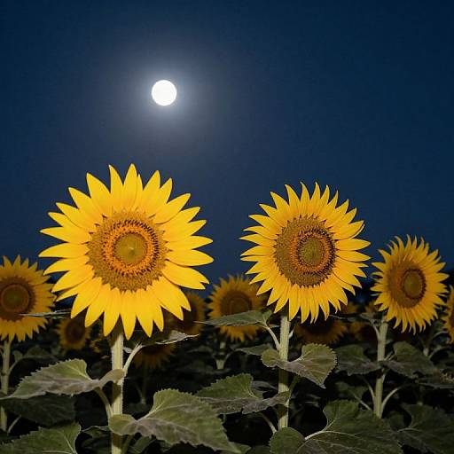 Photograph of vivid yellow sunflowers under a dark blue night sky with a bright full moon, surrounded by a field of sunflowers.