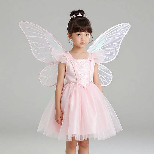 Photograph of an Asian girl with black hair in a bun, wearing a white fairy dress and translucent butterfly wings, standing against a plain light gray background