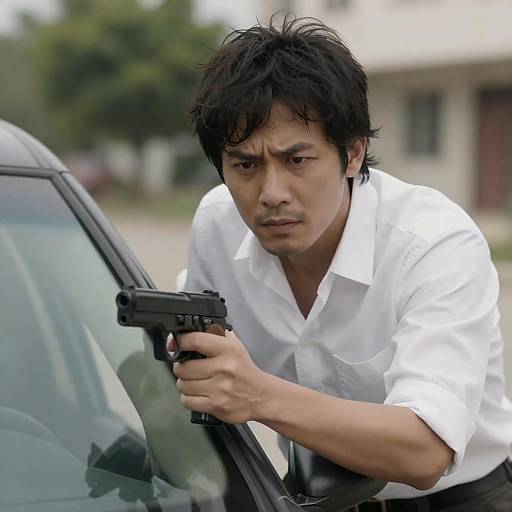 Man with Gun Leaning on Car
