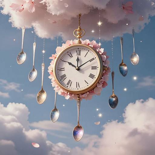 Photograph of a golden clock with pink cherry blossoms, suspended by chains with reflective silver and blue spoons, against a bright blue sky with fluffy
