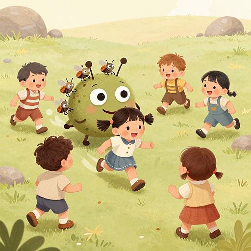Illustration of five cartoon children playing with a green, bug-eyed monster in a sunny, grassy field with rocks. Children have various outfits; monster