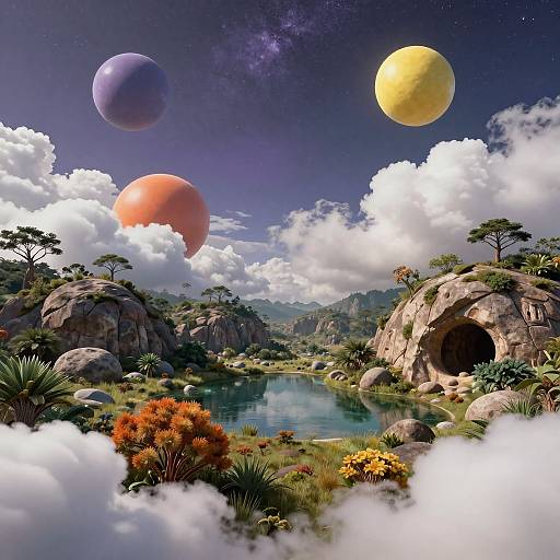 Fantastical CGI landscape: vibrant planetoids float in a starry sky above a serene pond, rocky cliffs, lush vegetation, and a large cave