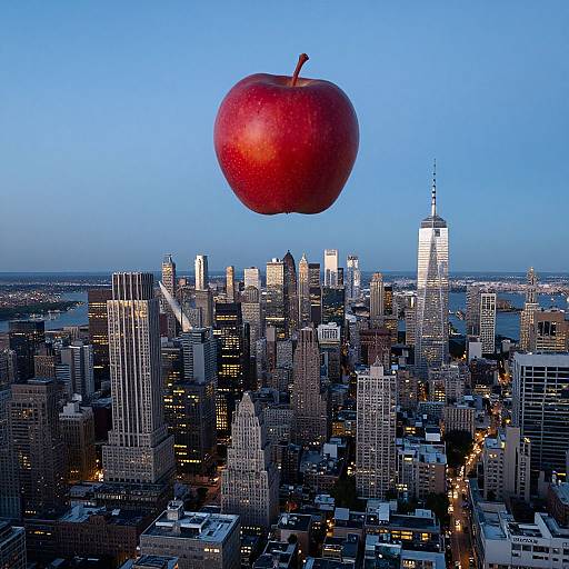 Photograph of a red apple floating above a nighttime cityscape of New York, with the Empire State Building prominently visible.