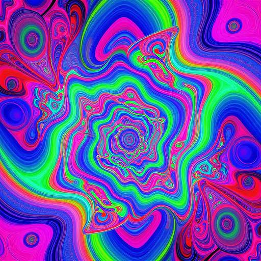 Vivid, psychedelic abstract digital art with swirling, colorful patterns in neon greens, blues, pinks, and reds, creating a hypnotic,