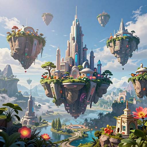 Fantastical CGI scene of floating city islands with vibrant greenery, colorful flowers, and towering spires against a bright blue sky.