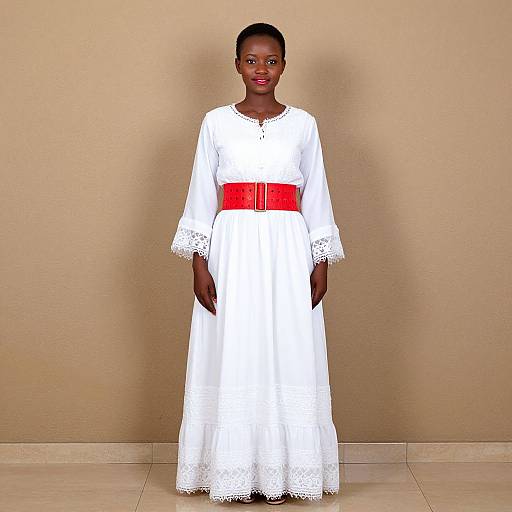 Photograph of a Black woman standing against a beige wall, wearing a white lace long-sleeve dress with a wide red belt, and black shoes
