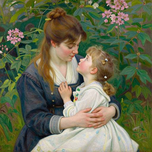 A tender, romantic painting of a brown-haired woman in a dark dress, cradling a blonde child in a white dress, surrounded by pink flowers