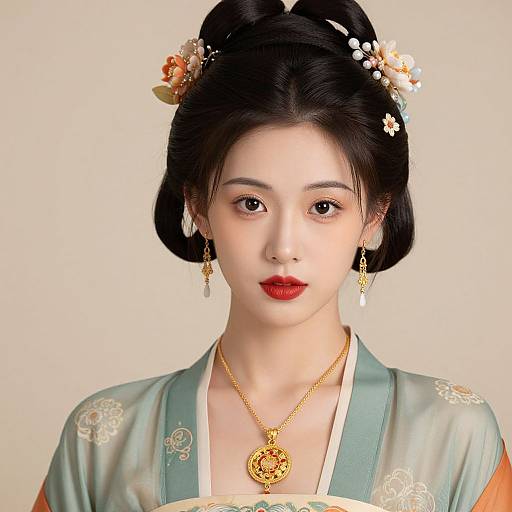Photorealistic digital portrait of an East Asian woman with black hair in an updo, adorned with flowers, wearing a green kimono, gold necklace