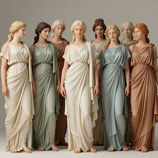 Photograph of seven women in ancient Greek-style dresses, varying in color (white, green, blue, brown) with classic hairstyles, standing in a