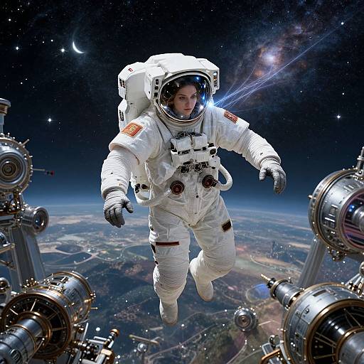 Photorealistic image of an astronaut in a white spacesuit floating outside a space station, with a starry, cosmic background and Earth below.