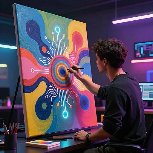Futuristic AI Artist in Neon Studio