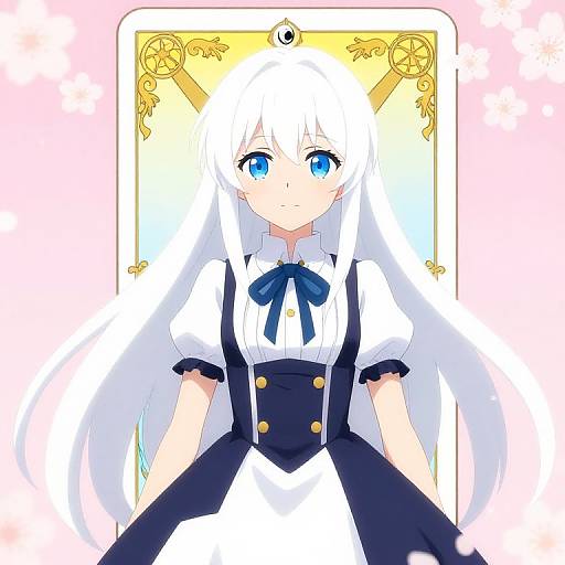 Anime-style digital drawing of a cute girl with long white hair, blue eyes, wearing a white blouse, black pinafore with gold buttons, and