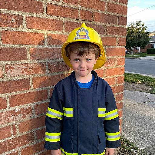 Photograph of a young boy with light skin, brown hair, wearing a yellow firefighter helmet and black jacket with yellow stripes, standing in front of a