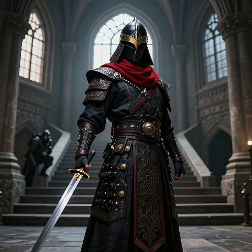 Photorealistic digital art of a medieval knight in black armor, red scarf, and helmet, holding a sword in a gothic cathedral.